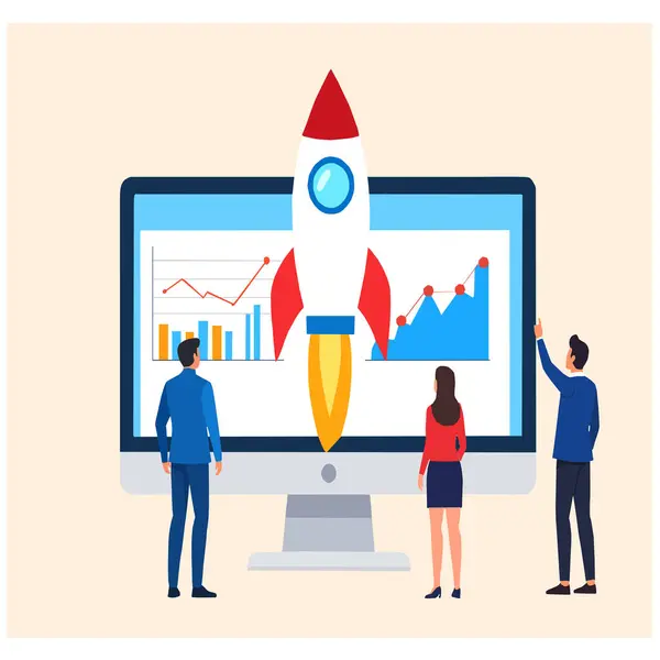 Ekrandaki grafikler önünde fırlatılan bir roketin vektör illüstrasyonu, iş büyümesini, başarıyı ve proje gelişimini temsil ediyor. İş ve pazarlama kavramları için ideal.