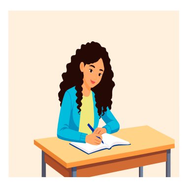 Masada otururken not defterine yazan bir öğrencinin vektör çizimi. Akademik bir ortamda öğrenim, öğrenim ve eğitim kavramı.