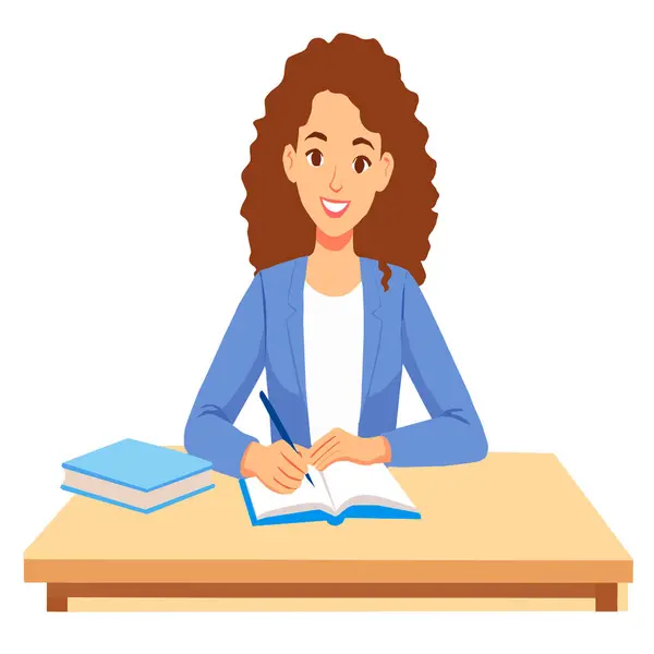 Masada otururken not defterine yazan genç bir kadının vektör çizimi. Öğrenim, iş, eğitim ve verimlilik kavramı.