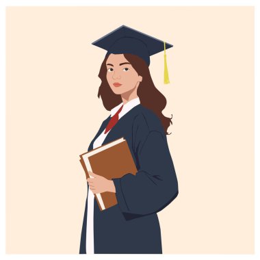 Mezuniyet elbisesi giymiş, elinde diploma olan genç bir kadının vektör çizimi..