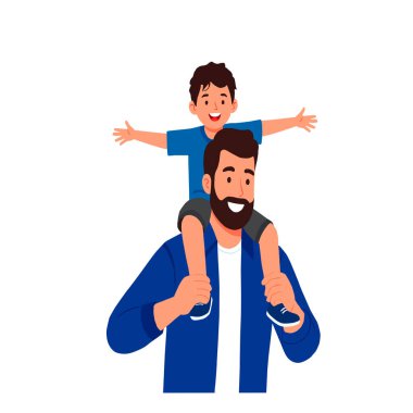 Oğlunu omuzlarında taşıyan mutlu bir babanın vektör çizimi. Sevgi, eğlence ve birliktelikle dolu tatlı bir aile anı. Babalar Günü ya da ebeveynlikle ilgili konular için mükemmel..