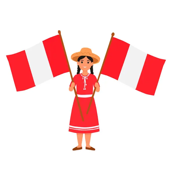 Geleneksel elbise ve şapkalı Perulu kız elinde iki Peru bayrağı tutuyor. Ulusal bayramları, And kültürünü ve ulusal gururu kutlamak için renkli vektör illüstrasyonu.