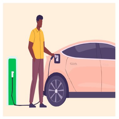Adam şarj istasyonunda bir elektrikli arabayı şarj ediyor. Sürdürülebilir hareketlilik ve temiz enerji hakkında modern vektör çizimi, çevre dostu ve teknolojik içerik için idealdir.