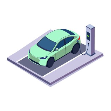 İstasyonda şarj olan elektrikli bir arabanın iztrik vektör çizimi. Sürdürülebilir hareketlilik ve çevre dostu teknoloji kavramı.