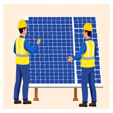 Bir güneş panelini inceleyen iki mühendisin vektör çizimi. Yenilenebilir enerji, sürdürülebilirlik ve yeşil teknoloji kavramı.