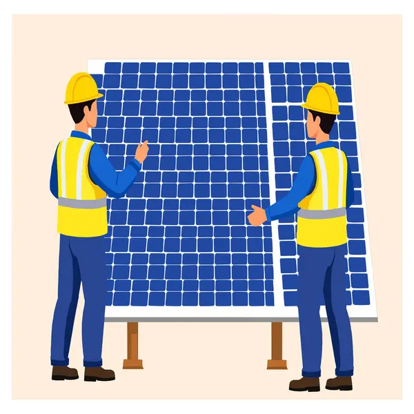 Bir güneş panelini inceleyen iki mühendisin vektör çizimi. Yenilenebilir enerji, sürdürülebilirlik ve yeşil teknoloji kavramı.