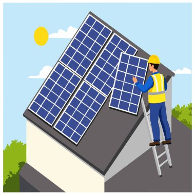 Bir evin üzerine güneş paneli monte eden bir mühendisin vektör çizimi. Yenilenebilir enerji, sürdürülebilirlik ve yeşil teknoloji kavramı.