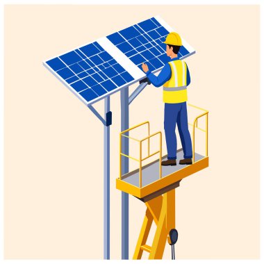 Uzun bir yapıya güneş panelleri monte eden kaldırma platformunda sabit şapka ve can yeleği giyen bir teknisyenin vektör çizimi. Yenilenebilir enerji, bakım ve çevresel sürdürülebilirlik kavramı.