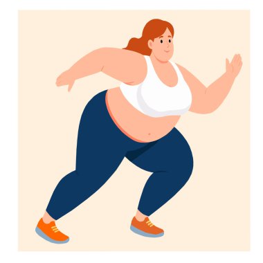 Mutlu kızıl saçlı, iri yarı kadın spor giyim sektöründe koşuyor, özgüven, enerji ve vücut pozitifliği gösteriyor. Aktif yaşam tarzı ve kendini sevmenin düz vektör çizimi.