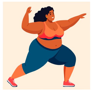 Afro-Amerikalı, spor giyim sektöründe koşan, özgüven, enerji ve vücut pozitifliği gösteren, iri yarı, mutlu bir kadın. Aktif bir yaşam tarzı ve kendini sevmenin düz vektör çizimi.