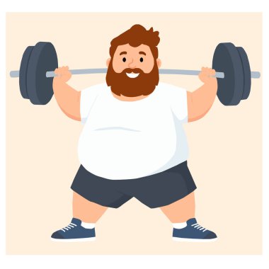 Kilolu bir adamın spor salonundaki dambılları kaldırışının vektör çizimi motivasyon ve kendine bakımı, fitness, sağlık ve vücut pozitifliğini teşvik ediyor..