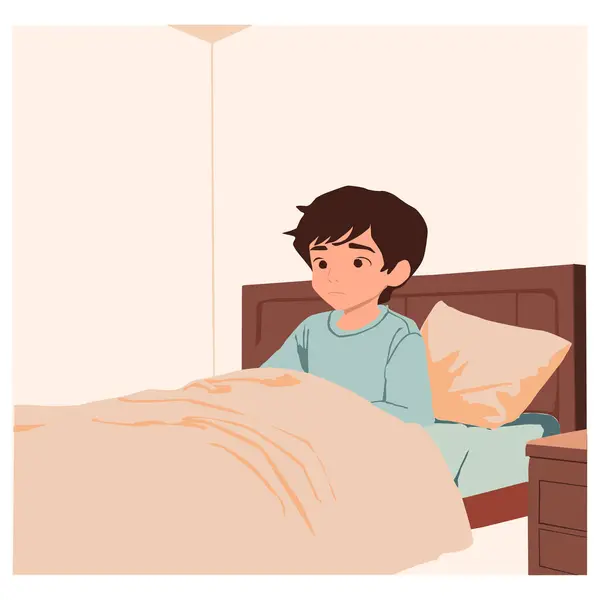Okul için erken kalkıp yatakta uzanan bir çocuğun vektör çizimi. Sabah rutini ve okul hazırlığı kavramı.