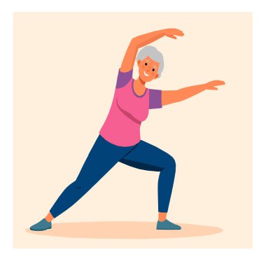 Spor kıyafetlerinde formda kalmak için egzersiz yapan son sınıf kadın, yoga. Düz biçim vektör illüstrasyonu.