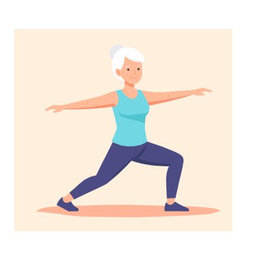 Formda kalmak için evde egzersiz yapan yaşlı bir kadın, yoga. Düz biçim vektör illüstrasyonu.