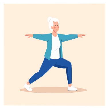 Formda kalmak için egzersiz yapan yaşlı bir kadın, yoga. Düz biçim vektör illüstrasyonu.