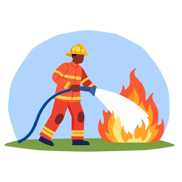 İtfaiyeci hortumla yangını söndürdü. Düz biçim vektör illüstrasyonu.