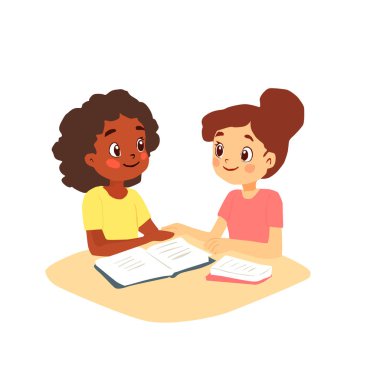 İki küçük tatlı kızın vektör çizimi, biri ödevini yapan Afrikalı Amerikalı, diğeri kitap okuyan ve okuyan kız öğrenci..