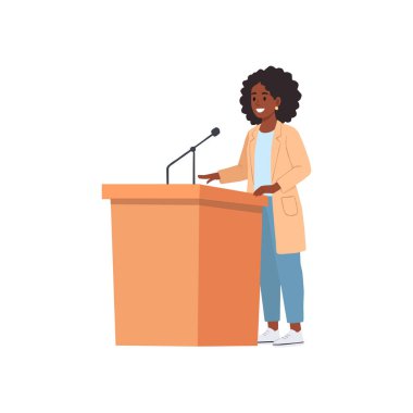 Kürsüden konuşan genç Afrikalı Amerikalı kadın, vektör illüstrasyonu