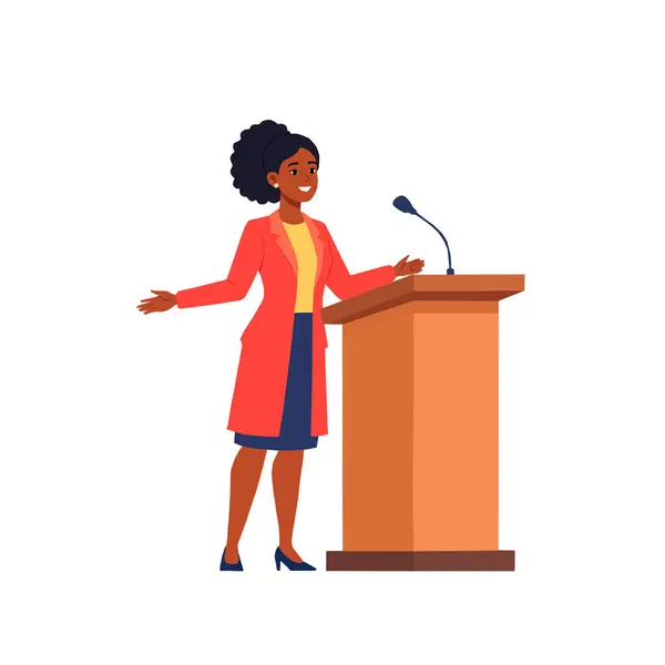 Podyumun arkasında bir politikacının temsilci illüstrasyonu duyuru yapıyor