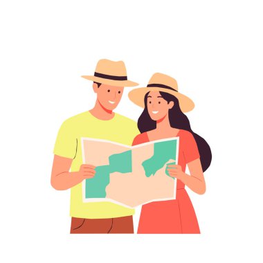 Turist çift, haritalı kadın ve erkek, turist vektör çizimi