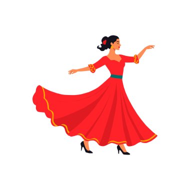 Geleneksel kırmızı elbise giyen bir flamenko dansçısının vektör çizimi. Flamenko dansı yapan zarif İspanyol kadın. Düz çizim tarzı. Beyaz bir arkaplanda izole edilmiş.