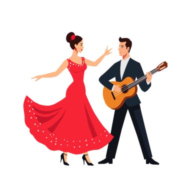 Kırmızı elbiseli flamenko dansçısının bir gitaristle performansı. İspanyol kültürü ve geleneksel müzik konsepti. Beyaz arkaplanda izole.