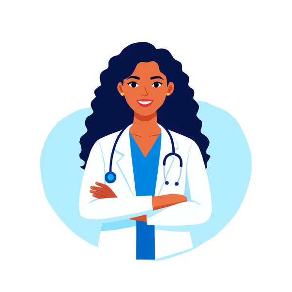 Steteskopu düz bir şekilde olan kadın bir doktorun vektör çizimi. Bu sağlık hizmeti uzmanı tıbbi, eğitim veya tanıtım içeriği için idealdir..