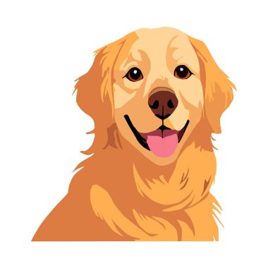 Vector illustration of a happy Golden Retriever dog with his tongue out and a friendly expression. White background, flat style, ideal for designs, decoration, or graphic projects.