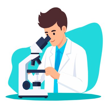 Laboratuvarda mikroskopla çalışan bir bilim adamı. Beyaz arkaplan ile düz biçim vektör illüstrasyonu.