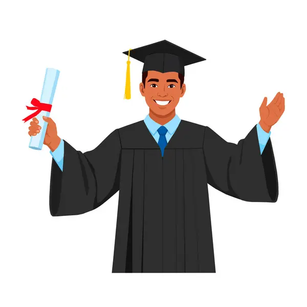 Elinde kep, cübbe ve diplomayla gülümseyen genç bir mezun. Düz stil vektör illüstrasyonu, mezuniyeti kutlamak, akademik başarı ve eğitim alanında başarı.