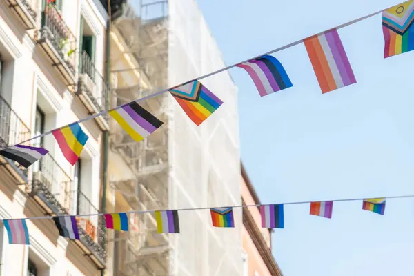 LGBTQ topluluğunu kutlayan bayraklarla süslenmiş sokak