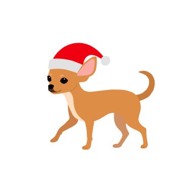 Noel Baba şapkası takan sevimli kahverengi bir Chihuahua. Beyaz arka planda Noel vektör çizimi. Noel kartları, evcil hayvan temalı hediyeler ve mevsimlik tasarımlar için mükemmel..