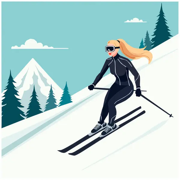 Karlı bir dağda yokuş aşağı kayan bir kadının vektör çizimi. Kış sporu konsepti dinamik hareket, kar taneleri ve dağlık arazi. Beyaz bir arkaplanda izole edilmiş.