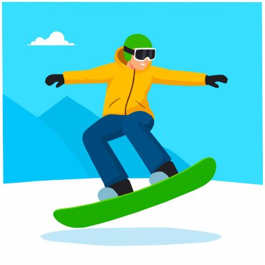 Karlı bir yamaçta atlayan bir snowboardcunun vektör çizimi. Dağ geçmişli kış sporu sahnesi. Dinamik duruş, parlak kıyafetler ve aksiyon dolu snowboard zamanı..