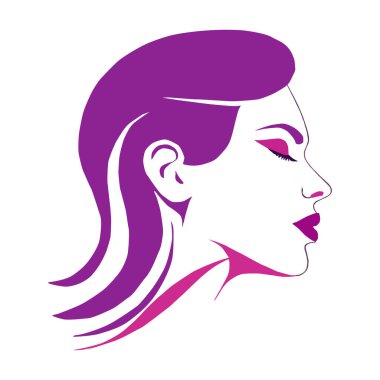 Bir kadının yüzü mor ve pembe renkte vektör profili. Minimalist kadın güzellik logosu ya da simgesi kozmetik markalaşma, moda ya da kaplıca kimliği için mükemmel. Zarif, modern ve şık bir tasvir..