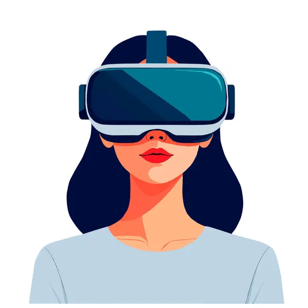 VR kulaklık kullanan bir kadının vektör çizimi. Beyaz arka planda teknoloji, yenilik ve dijital eğlence kavramı.