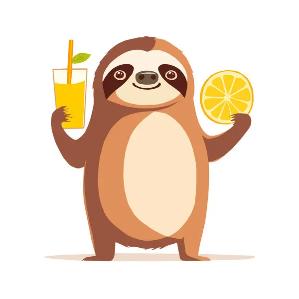 Gülen bir miskin hayvanın, ferahlatıcı bir limon içeceği ve beyaz arka planda bir dilim meyve tutmasının komik vektör çizimi.