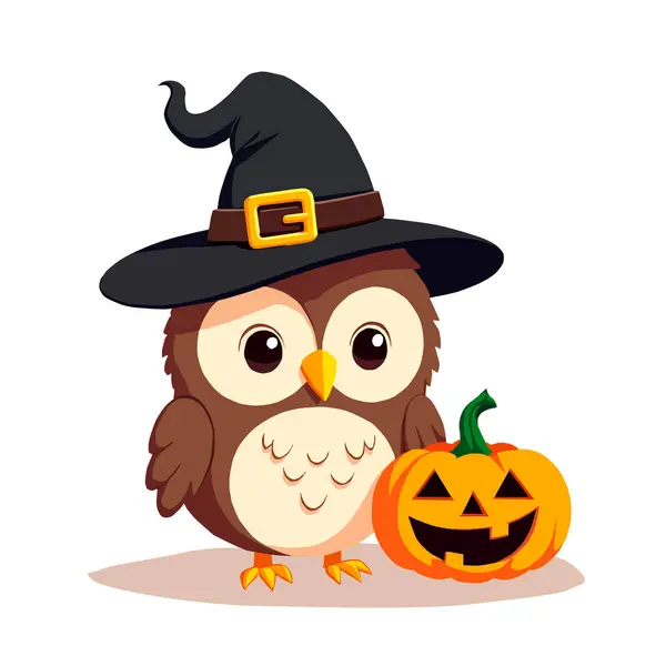 Tatlı baykuş, oyulmuş bir balkabağının yanında cadı şapkası takıyor. Bayram kartları, çocuk tasarımları ve şenlikli dekorasyonlar için harika bir Cadılar Bayramı vektör çizimi.