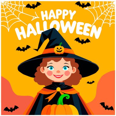 Elinde balkabağıyla gülümseyen sevimli küçük cadı kız. Etrafı parlak turuncu arka planda yarasalar ve örümcek ağlarıyla çevrili. Çocuklar, partiler ve tebrik kartları için eğlenceli Cadılar Bayramı temalı vektör.