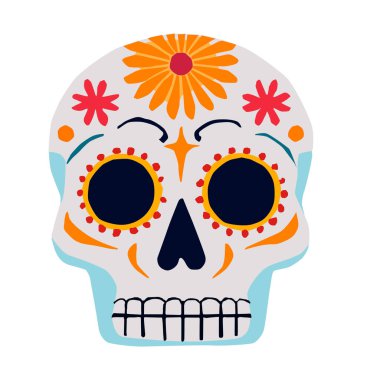 Da de los Muertos 'tan esinlenilmiş parlak ve dekoratif kafatası çizimi. Ölüler Günü için mükemmel tasarımlar, Meksika gelenekleri ve kültürel kutlama projeleri.