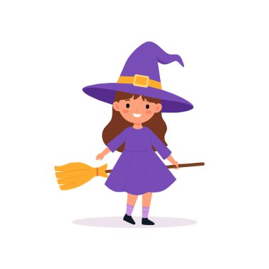 Mor cadı kostümü giymiş elinde süpürgeyle gülümseyen küçük bir kızın sevimli vektör karikatürü. Cadılar Bayramı süslemeleri, parti davetiyeleri ya da çocuk Noel tasarımları için ideal..