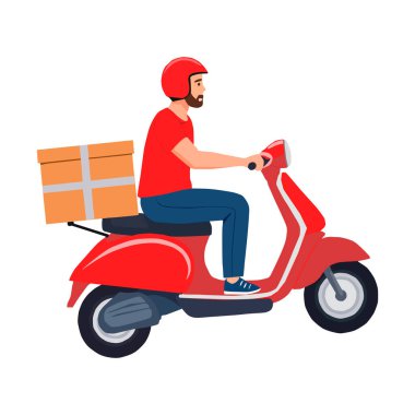 Arkasında karton bir kutu olan kırmızı scooter kullanan bir kurye. Ekspres teslimat, nakliye hizmeti, lojistik, e-ticaret ve beyaz arka planda hızlı ulaşımı temsil eden vektör illüstrasyonu.