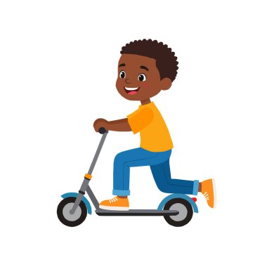 Scooter süren mutlu bir çocuğun vektör çizimi. Eğlenceli ve eğlenceli tasarım, çocukluk, açık hava aktiviteleri, boş zaman, ulaşım ve sağlıklı yaşam tarzı kavramları için mükemmel..