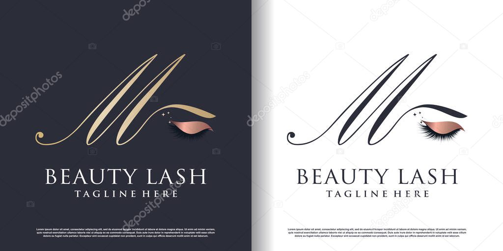 Initial letter m logo design template with eyelash icon and creative concept premium vector