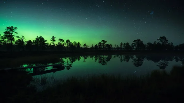 Yeşil Aurora Borealis Sisi Finlandiya Ormanda Küçük Bir Iskeleyle Küçük — Stok fotoğraf