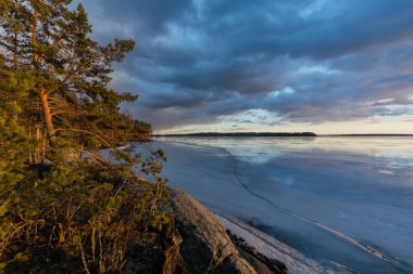 Finlandiya Pirkanmaa 'da gün batımında donmuş bir göl kıyısı
