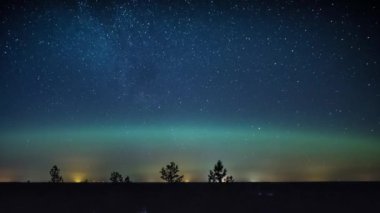 Yıldızlı gökyüzünün ağaç tepesi seviyesinden ve Finlandiya 'daki ormanların üzerindeki Aurora Borealis kavisinden zaman aşımı 