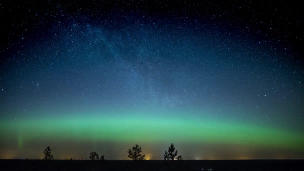 芬兰冬季的森林上空 星空和北极光的树梢落下了一段时间 — 图库视频影像