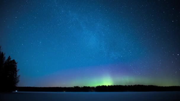 Ufuktaki Küçük Aurora Borealis Işıkları Orman Finlandiya Gökyüzünde Dönen Samanyolu — Stok video