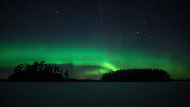 Zeitraffer Grüner Polarlichter Über Zwei Bewaldeten Inseln Einem Zugefrorenen See — Stockvideo